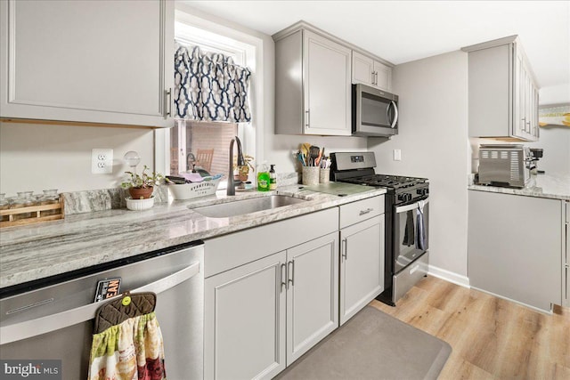 kitchen featuring sink, white cabinetry, stainless steel appliances, light hardwood / wood-style floors, and light stone countertops