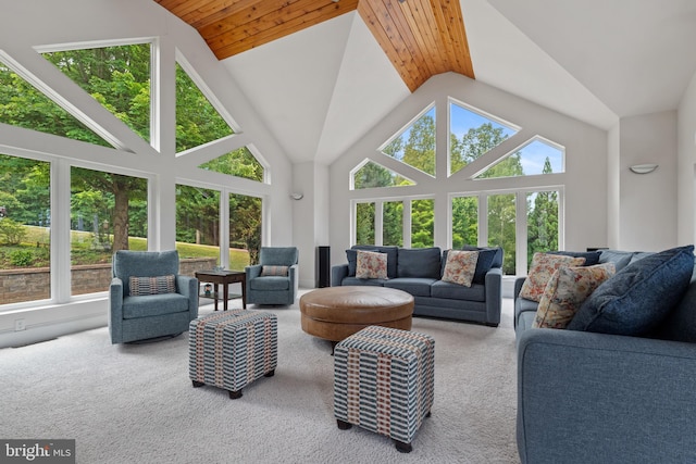 living room with light carpet, high vaulted ceiling, and wood ceiling