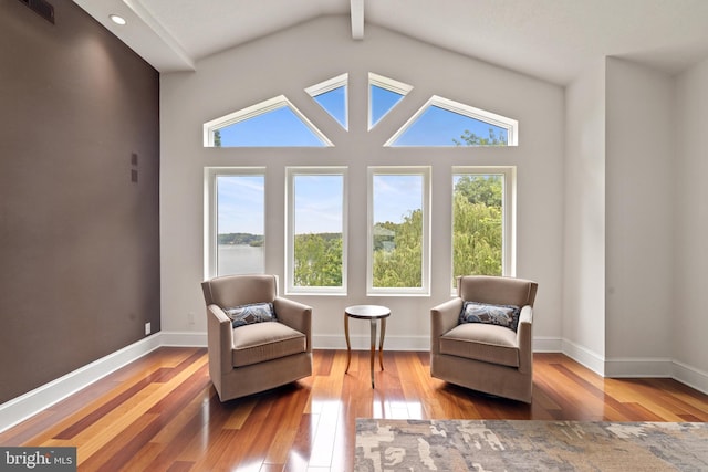 living area featuring hardwood / wood-style floors, plenty of natural light, lofted ceiling with beams, and a water view