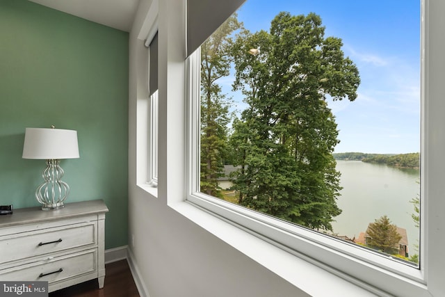 interior space featuring a water view and hardwood / wood-style flooring