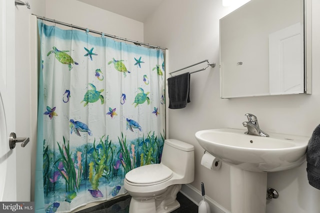 bathroom with a shower with curtain and toilet