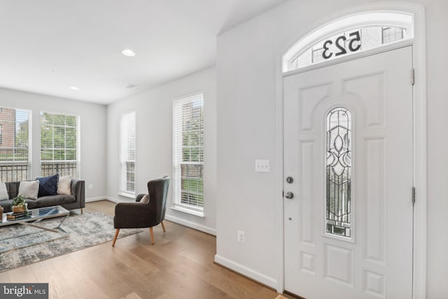 foyer entrance with light hardwood / wood-style floors