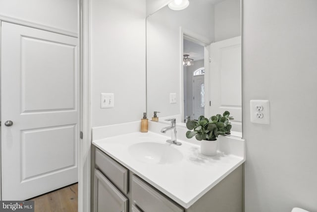 bathroom with hardwood / wood-style floors and vanity