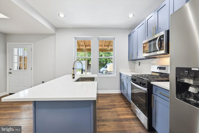 kitchen featuring backsplash, blue cabinets, sink, a kitchen island, and stainless steel appliances