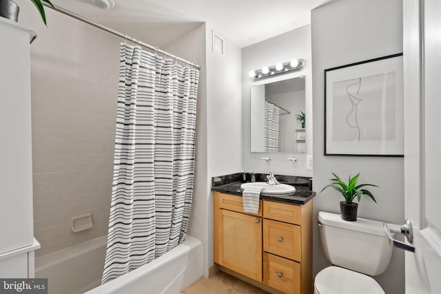 full bathroom with toilet, shower / bath combination with curtain, tile patterned floors, and vanity