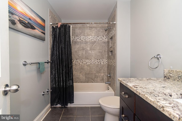 full bathroom with tile patterned flooring, shower / bath combination with curtain, vanity, and toilet