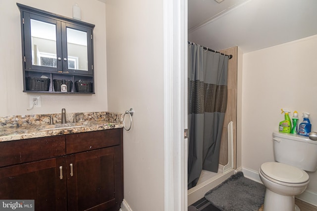 bathroom with a shower with curtain, vanity, and toilet