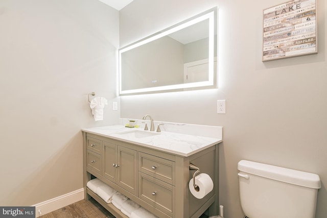 bathroom with wood-type flooring, vanity, and toilet