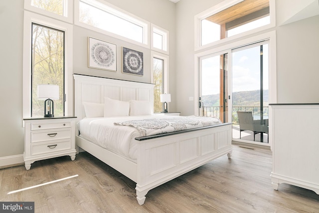 bedroom featuring a mountain view, wood-type flooring, and access to outside