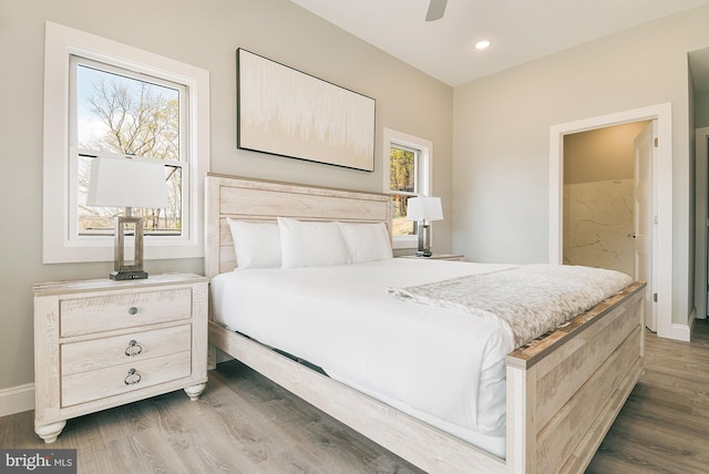 bedroom featuring multiple windows, connected bathroom, ceiling fan, and dark wood-type flooring