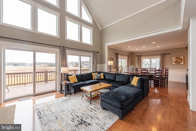 living room featuring hardwood / wood-style flooring, high vaulted ceiling, and crown molding