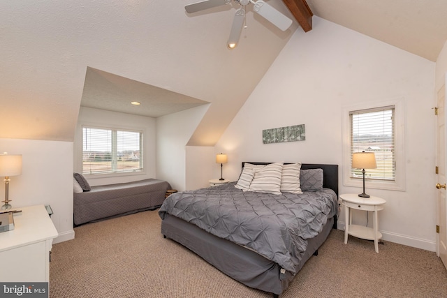 carpeted bedroom featuring beam ceiling, ceiling fan, and high vaulted ceiling