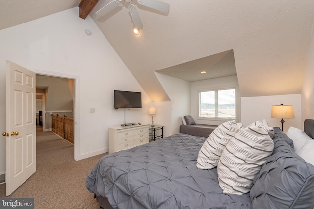 carpeted bedroom featuring vaulted ceiling with beams and ceiling fan