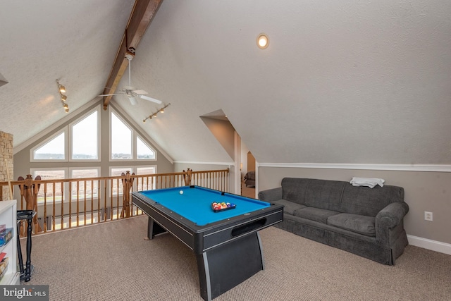 game room featuring billiards, carpet flooring, vaulted ceiling with beams, ceiling fan, and a textured ceiling