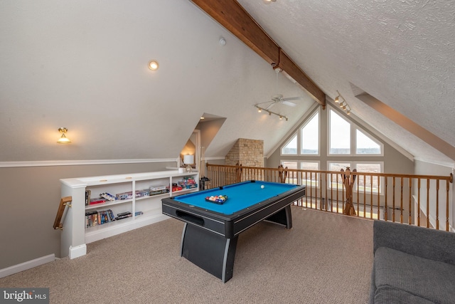 playroom featuring vaulted ceiling with beams, built in features, a textured ceiling, pool table, and carpet floors