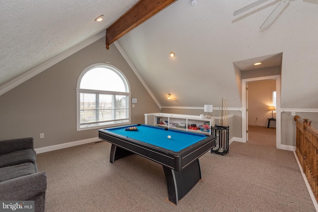 playroom with ceiling fan, light colored carpet, a textured ceiling, and billiards