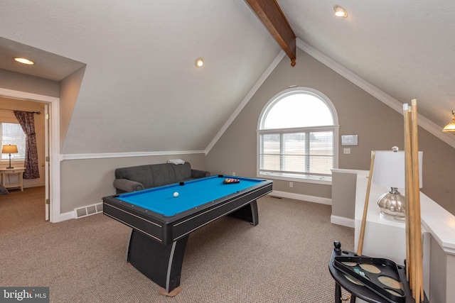 rec room featuring light carpet, plenty of natural light, lofted ceiling with beams, and pool table