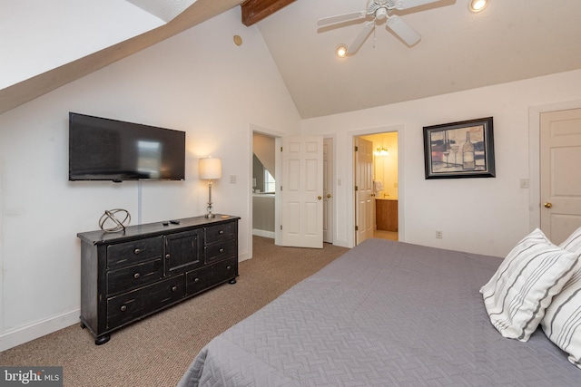 bedroom featuring ensuite bathroom, light colored carpet, ceiling fan, beam ceiling, and high vaulted ceiling