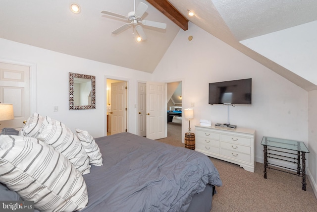 carpeted bedroom with beamed ceiling, ceiling fan, a textured ceiling, and high vaulted ceiling