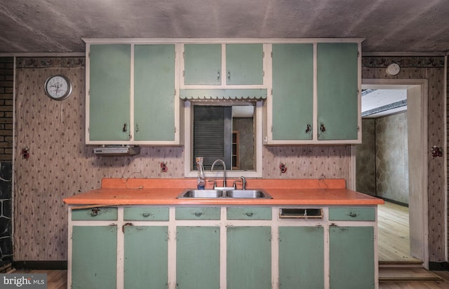 kitchen with sink, dark hardwood / wood-style floors, and green cabinetry