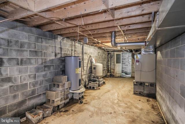 basement with heating unit and water heater