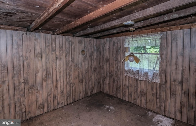 basement with wood walls and wood ceiling