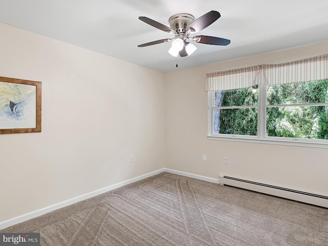 carpeted empty room with baseboard heating and ceiling fan