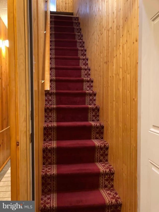 staircase with wood walls