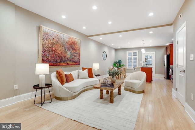 living room with light wood-type flooring and sink