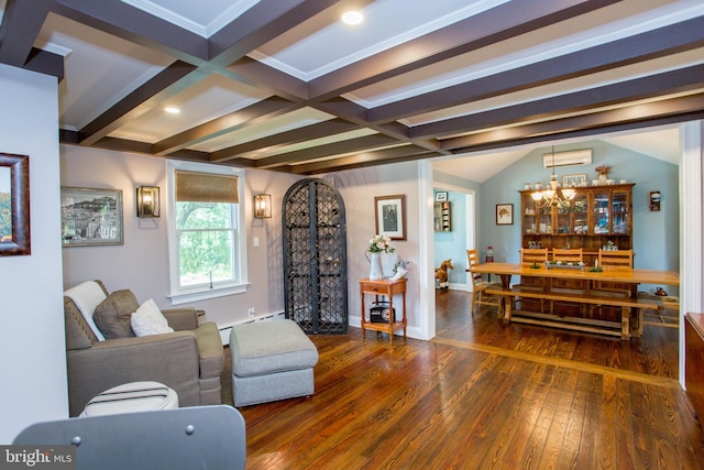 living room featuring baseboard heating, hardwood / wood-style floors, beamed ceiling, and a chandelier