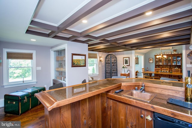 bar featuring dark wood-type flooring, coffered ceiling, beam ceiling, sink, and black dishwasher