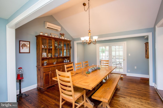 dining space featuring lofted ceiling, an inviting chandelier, dark hardwood / wood-style floors, and an AC wall unit