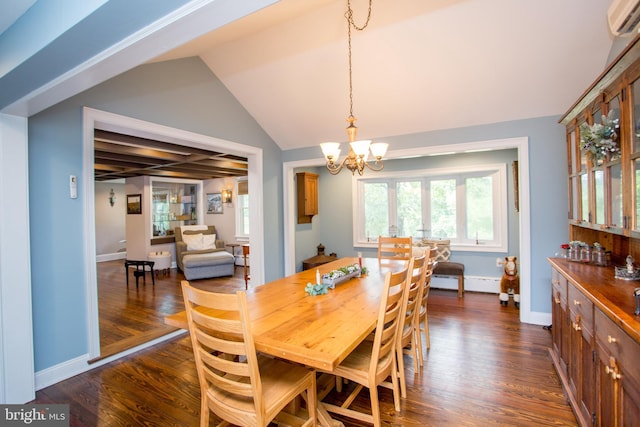 dining room with vaulted ceiling with beams, dark hardwood / wood-style floors, an inviting chandelier, and a baseboard radiator