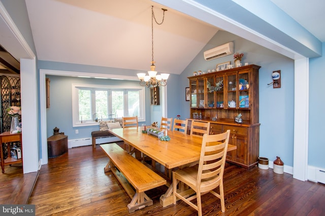 dining area with an AC wall unit, dark hardwood / wood-style floors, an inviting chandelier, a baseboard heating unit, and lofted ceiling