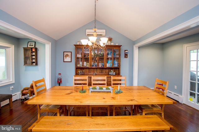 dining space with hardwood / wood-style floors, a chandelier, a baseboard heating unit, a wall mounted air conditioner, and vaulted ceiling