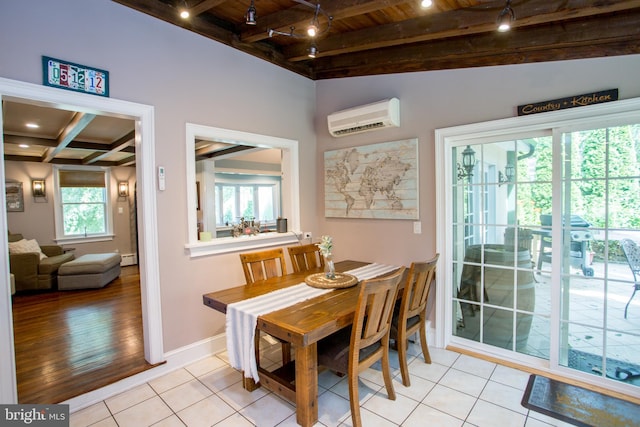 tiled dining area featuring track lighting, lofted ceiling with beams, wooden ceiling, and a wall mounted air conditioner