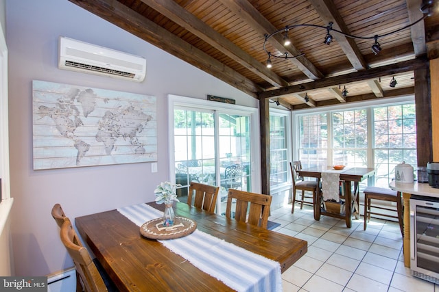 tiled dining space featuring a wealth of natural light, a wall mounted AC, wine cooler, and wood ceiling