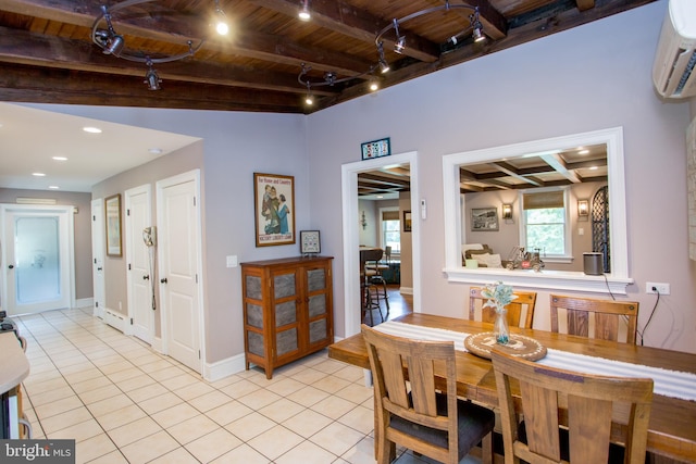 dining area featuring wood ceiling, beam ceiling, light tile patterned floors, and a wall mounted air conditioner