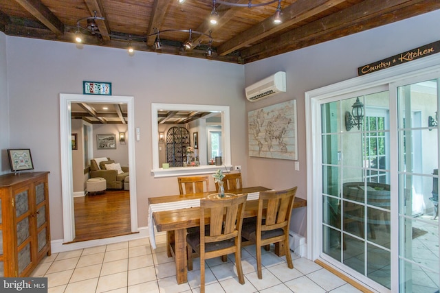 tiled dining room with an AC wall unit, beam ceiling, wooden ceiling, and a healthy amount of sunlight