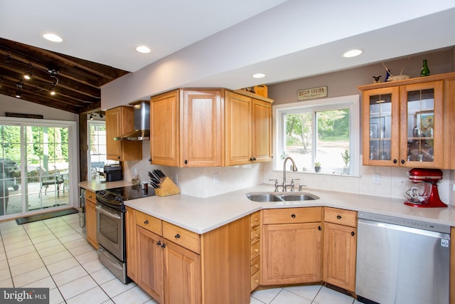 kitchen with sink, tasteful backsplash, appliances with stainless steel finishes, and wall chimney exhaust hood