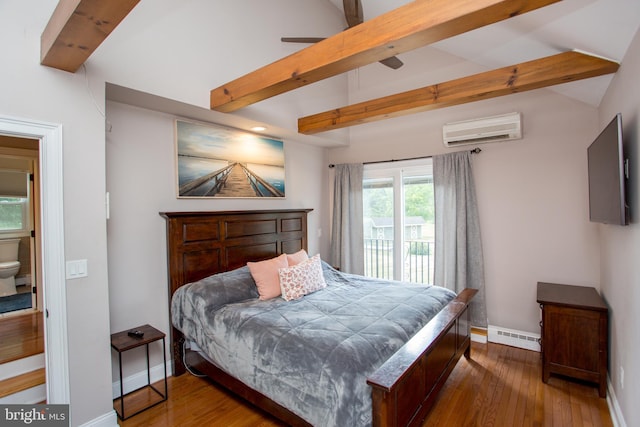 bedroom with beam ceiling, hardwood / wood-style flooring, and a wall unit AC