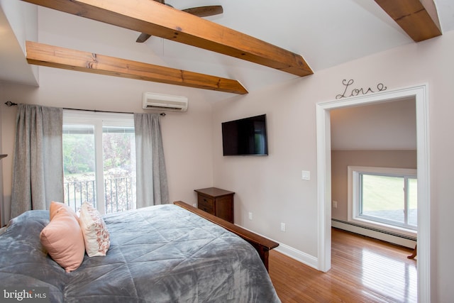 bedroom featuring lofted ceiling with beams, hardwood / wood-style floors, a wall mounted air conditioner, and a baseboard radiator