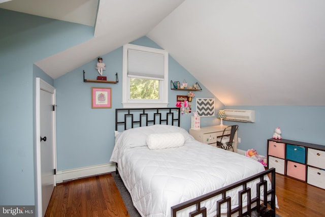 bedroom with a baseboard heating unit, vaulted ceiling, and dark hardwood / wood-style flooring