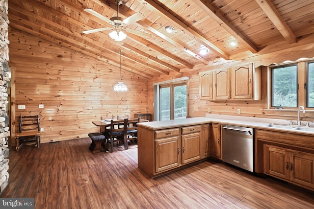 kitchen featuring stainless steel dishwasher, kitchen peninsula, wooden walls, wood ceiling, and hardwood / wood-style flooring