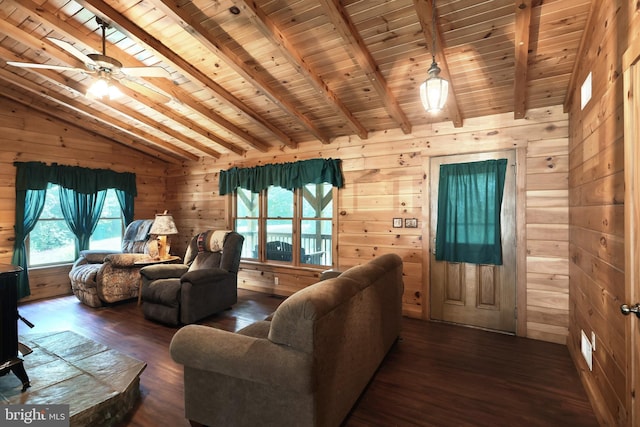 living room with dark hardwood / wood-style flooring, lofted ceiling with beams, wooden walls, and wood ceiling