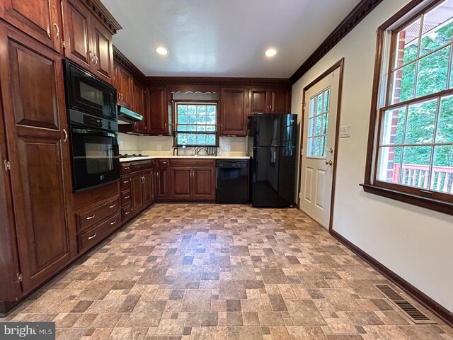 kitchen with plenty of natural light, sink, black appliances, and ornamental molding