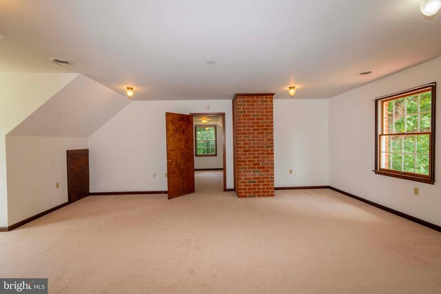 additional living space featuring vaulted ceiling, a wealth of natural light, and light carpet