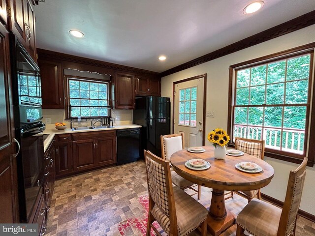 kitchen with black appliances, dark brown cabinets, ornamental molding, and a wealth of natural light