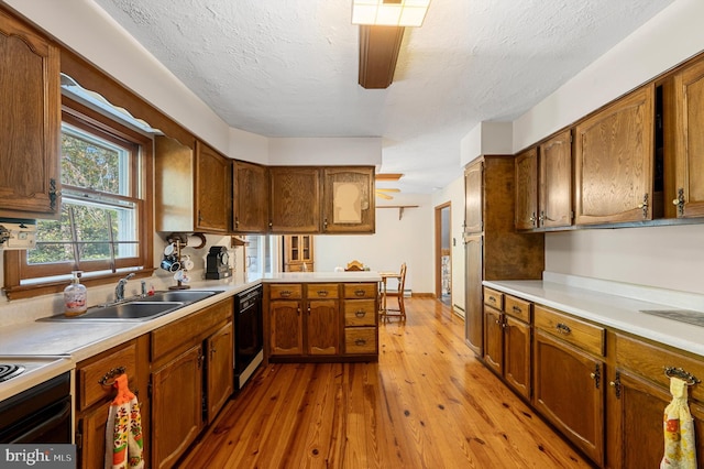 kitchen featuring sink, dishwasher, kitchen peninsula, electric stove, and light hardwood / wood-style floors