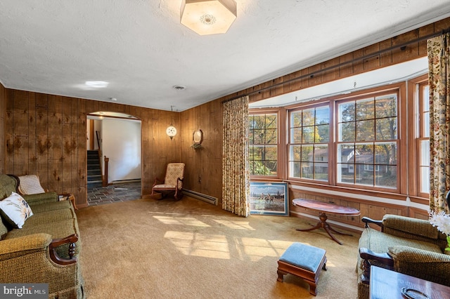 unfurnished living room with wooden walls, carpet floors, a textured ceiling, and a baseboard heating unit